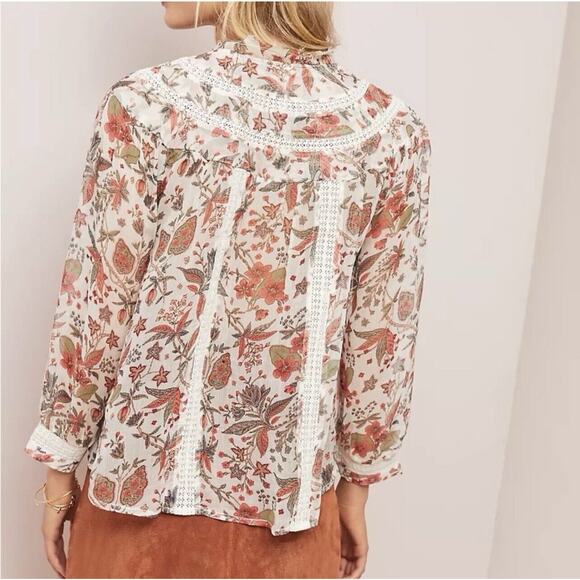 Feather Bone Anthropologie Sheer Boho Peasant Top Orange Olive Green Fall Sz 12 - Picture 4 of 11